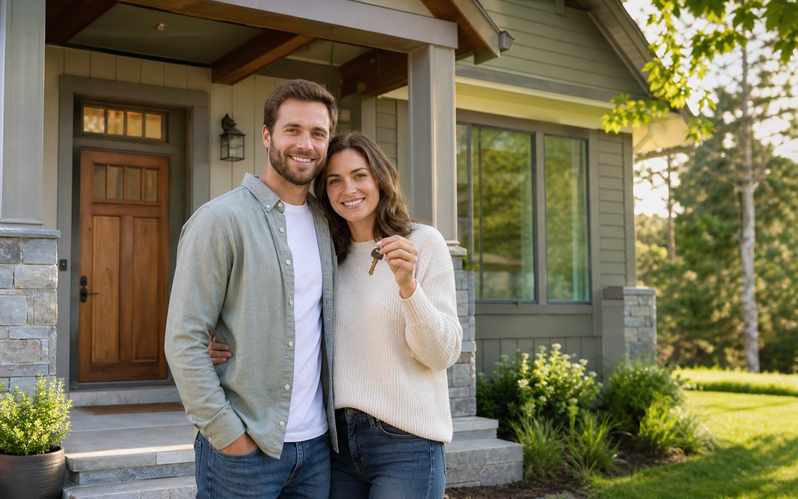 A couple holding a house key outside their home