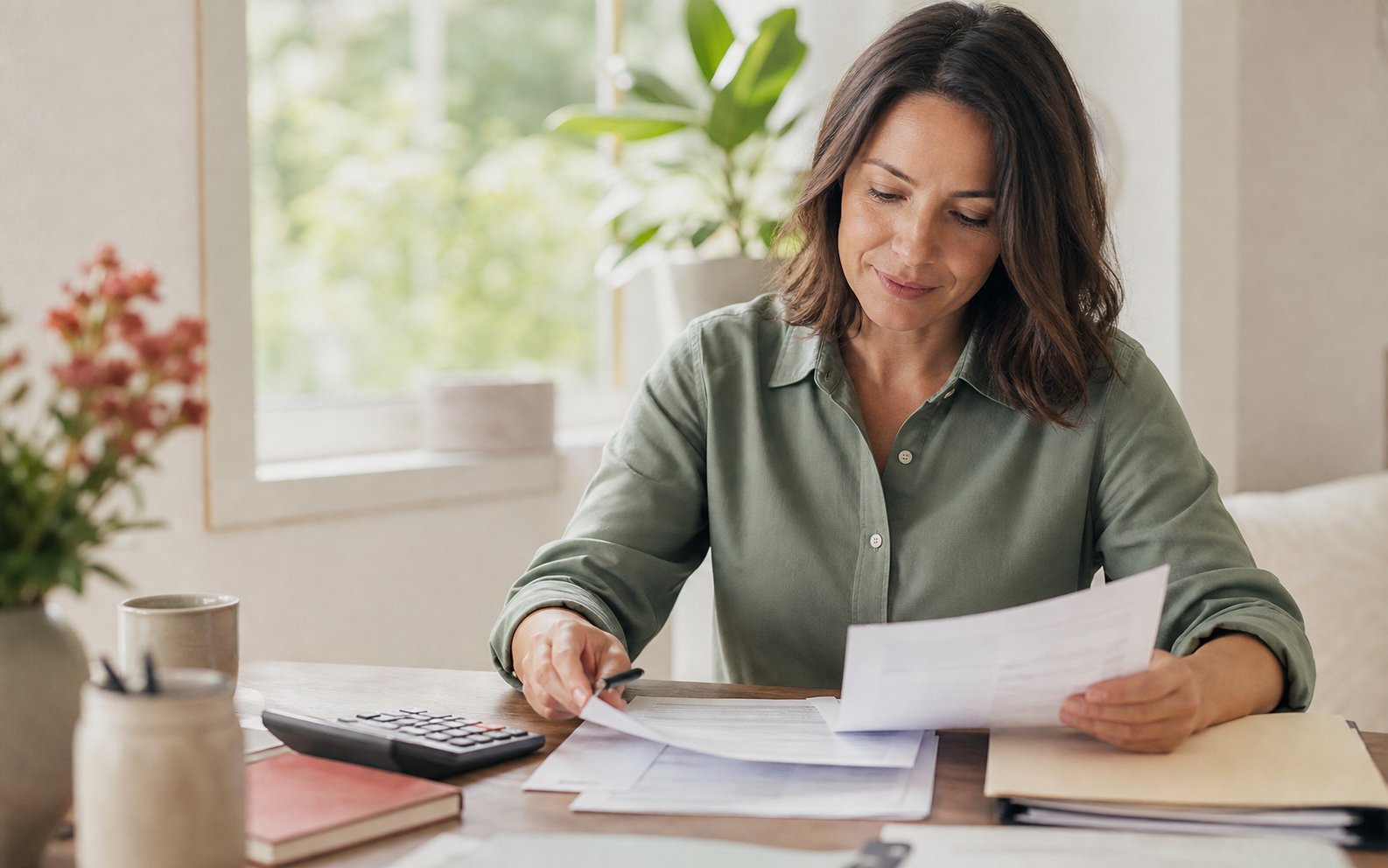 A person organizing tax paperwork at a desk